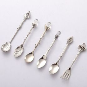 6 Pieces Suit Fruit Fork Retro Coffee Spoon (Color: Silver)